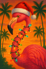 Tropical Flamingo in Santa Hat with Christmas Lights against a Sunset and Palm Trees