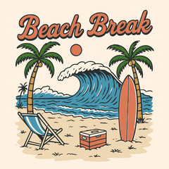 Summer beach Break vector graphic design. surfboard ice box relax chare in beach. Beach party tropical colorful poster .Festival vector Illustration placard. beautiful sunset scene on the beach,