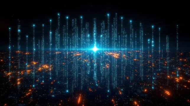 Futuristic city, digital overlay