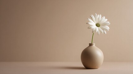 Single white daisy in matte ceramic vase, pale beige background, minimalist composition, soft lighting