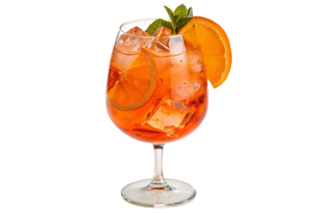 A vibrant aperol spritz cocktail with ice and orange slices in a stemmed glass on black background