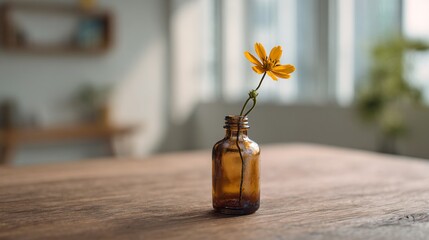 Single wildflower in tiny amber bottle, light wooden table, airy minimalist space