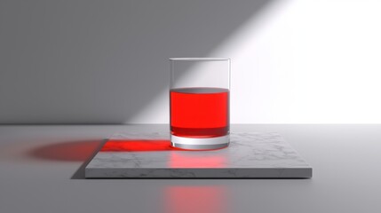 A glass of red liquid sits on a marble base, casting a shadow on the surface.