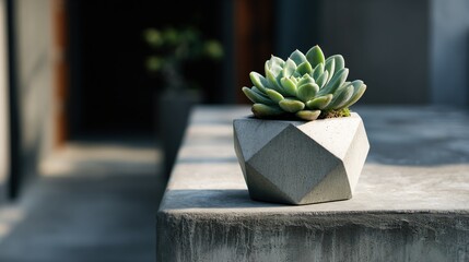 Succulent plant in geometric pot, placed on concrete pedestal, modern and minimal