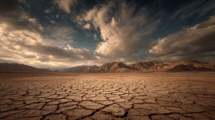 Cracked dry earth landscape with mountains and dramatic cloudy sky in the background.