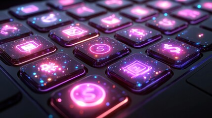 Futuristic keyboard with glowing financial icons