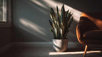 Tall snake plant in modern corner with sunlight streaks, negative space above
