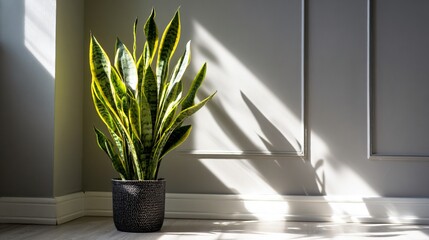 Tall snake plant in modern corner with sunlight streaks, negative space above