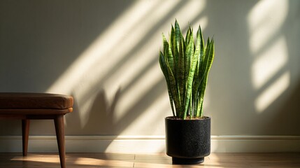 Tall snake plant in modern corner with sunlight streaks, negative space above