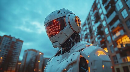 Futuristic robot head and torso in city