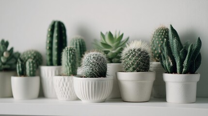 Vertical shot of potted cactus on white shelf, negative space all around, minimalist vibe