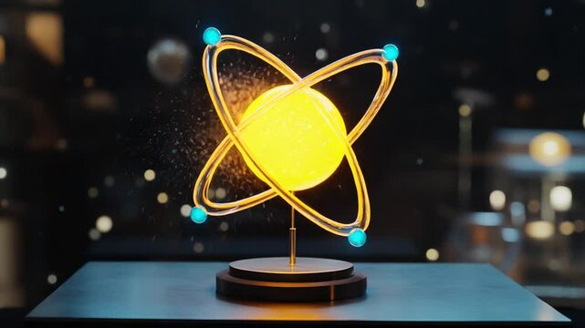 Conceptual visualization of an atom model with orbiting electrons, presented on display
