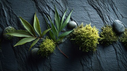 Zen-inspired plant composition, moss and leaf on slate, clean layout
