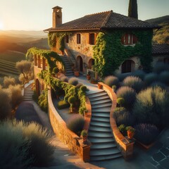 Rustic Tuscan Villa with Stone Steps and Lush Garden at Sunset. for travel magazines, luxury real estate listings, website banners
