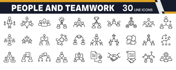 People and teamwork outline icons showing collaboration, leadership, unity, and group activities