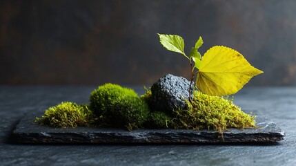 Zen-inspired plant composition, moss and leaf on slate, clean layout