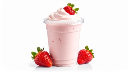 Milkshake in a disposable cup, beautiful and appetizing strawberry syrup isolated