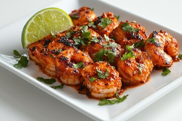 Fototapeta premium Grilled shrimp seasoned with chili powder, cilantro, and lime.