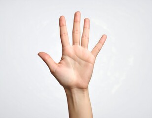 Raised hand gesture against light background