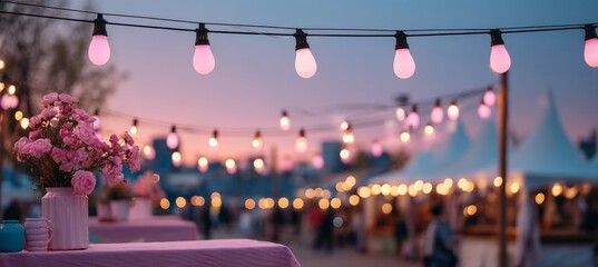 Dreamy Outdoor Celebration with Pastel Pink String Lights and Delicate Flowers at Sunset Festival