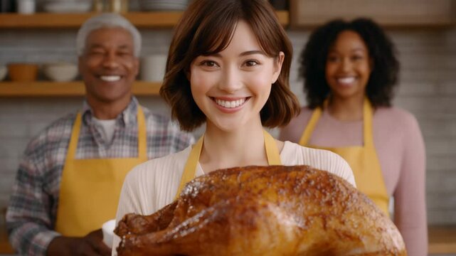 Family Feast: A radiant young woman presents a golden-brown roasted bird, embraced by the warmth of her loving family and the inviting ambiance of a cozy kitchen.