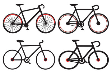 A vectorized set of vintage bicycle icons illustrates various sports and transport cycles, from mountain bikes to old cruisers, with wheels, pedals, and gear chains visible