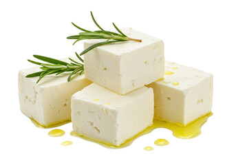 Isolated Feta Cheese Cubes with Rosemary Sprigs