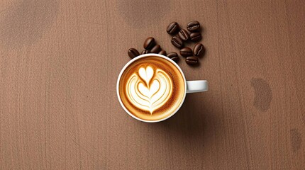 Overhead view of a latte art coffee.  A white mug filled with light brown coffee, topped with a heart-shaped latte art design.  Coffee beans are scattered around the mug on a warm-toned wooden surface