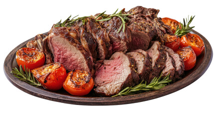 Meat platter with assorted beef cuts and fresh tomatoes, showcasing raw protein selection and colorful ingredients for culinary preparation, isolated on white background