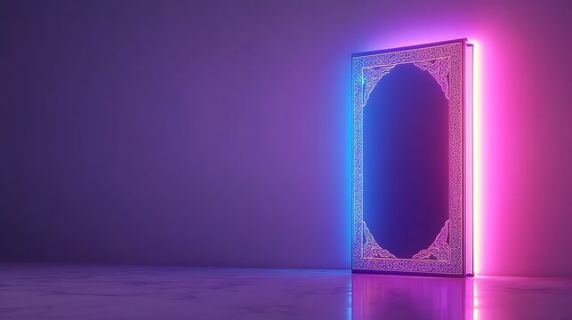 Illuminated ancient book, glowing in neon light