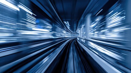 Fototapeta premium Abstract blurred motion of a train track through a city at night.