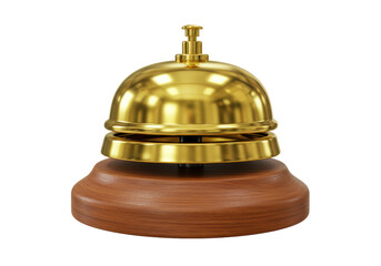 Isolated Polished Brass Reception Bell on a Wooden Base