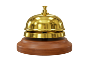 Isolated Polished Brass Reception Bell on a Wooden Base