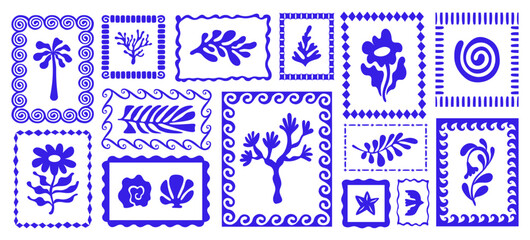 Vector hand drawn graphics, print design templates, summer and vacation theme, tropical illustrations, frames and borders in simple trendy naive cut out style with holiday floral illustrations, patchw