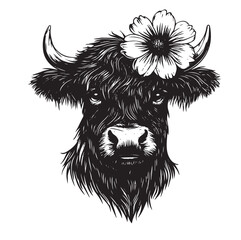 Highland Cow with Flower Crown - Black and White Vector Illustration