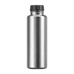 A sleek, silver, cylindrical water bottle with a dark screw-top lid, ideal for hydration on-the-go.  The metallic finish reflects light, suggesting durability and a modern design