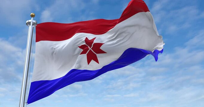 Mordovia flag with flagpole waving in wind, rolling clouds background looping, 4K video (Perfect Loop)