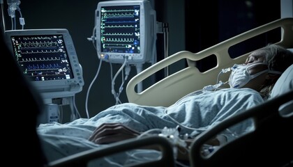 Plakat Critically Ill Patient Receiving Intensive Care and Monitoring in Hospital Bed, Healthcare Concept.