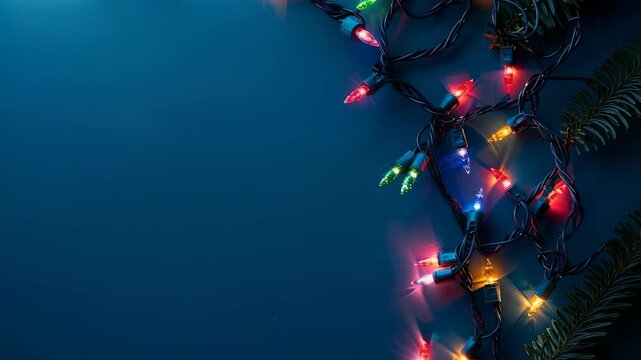 A vivid display of multi-colored string lights is artfully arranged on a dark blue backdrop, lending a festive and inviting ambiance. Ideal for holiday decor, the arrangement promises warmth and cheer