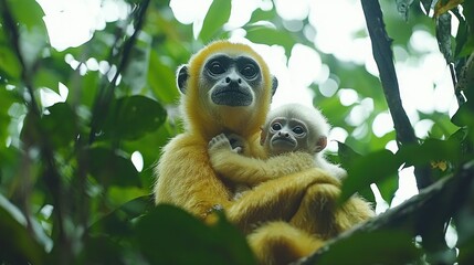 Obraz premium Golden monkey mother and baby in jungle canopy