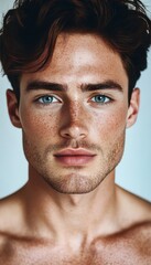 Fototapeta premium Close-up Portrait of a Handsome Caucasian Man with Freckles, Clear Skin, and Striking Blue Eyes