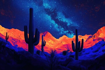 Vibrant desert landscape at night, illuminated cacti under a vivid starry sky.