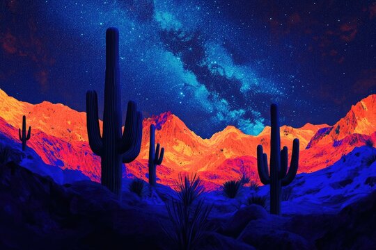 Vibrant desert landscape at night, illuminated cacti under a vivid starry sky. - Powered by Adobe