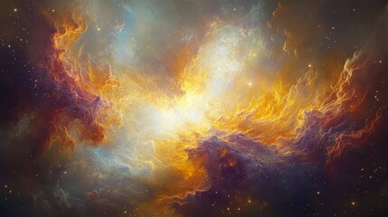 Fototapeta premium Celestial Ballet Fiery Nebula in Warm Hues of Red and Yellow, Illuminating a Cosmic Cloudscape