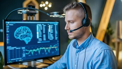 Focused man wearing headset analyzes brain scan data on a computer screen, concentrating on scientific research - Powered by Adobe