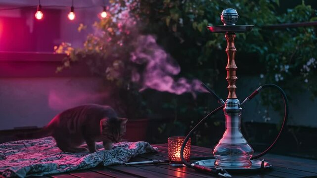 A cozy outdoor evening scene featuring a cat sitting beside a hookah with smoke rising, surrounded by soft lighting and greenery - smoking and cats