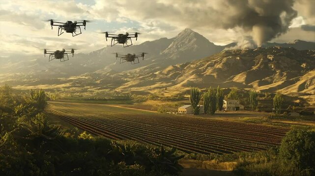 Drones working in agricultural field.  Aerial view of multiple drones spraying crops in a vast valley.  Mountains and a small farm house are in the background.  Golden hour light