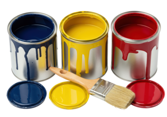 Isolated Three Paint Cans with Lids and Brush