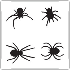 Black Spider Silhouettes Vector Set – Creepy Insect Icons in Top and Side Views for Halloween, Horror Themes, Pest Control, Nature Illustrations, and Scary Web Graphics.

