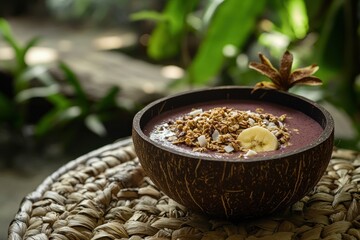 Delicious berry smoothie bowl with granola and banana.